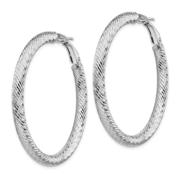 Exquisite 14k White Gold Diamond-Cut Hoop Earrings with Omega Back - Picture 3 of 5